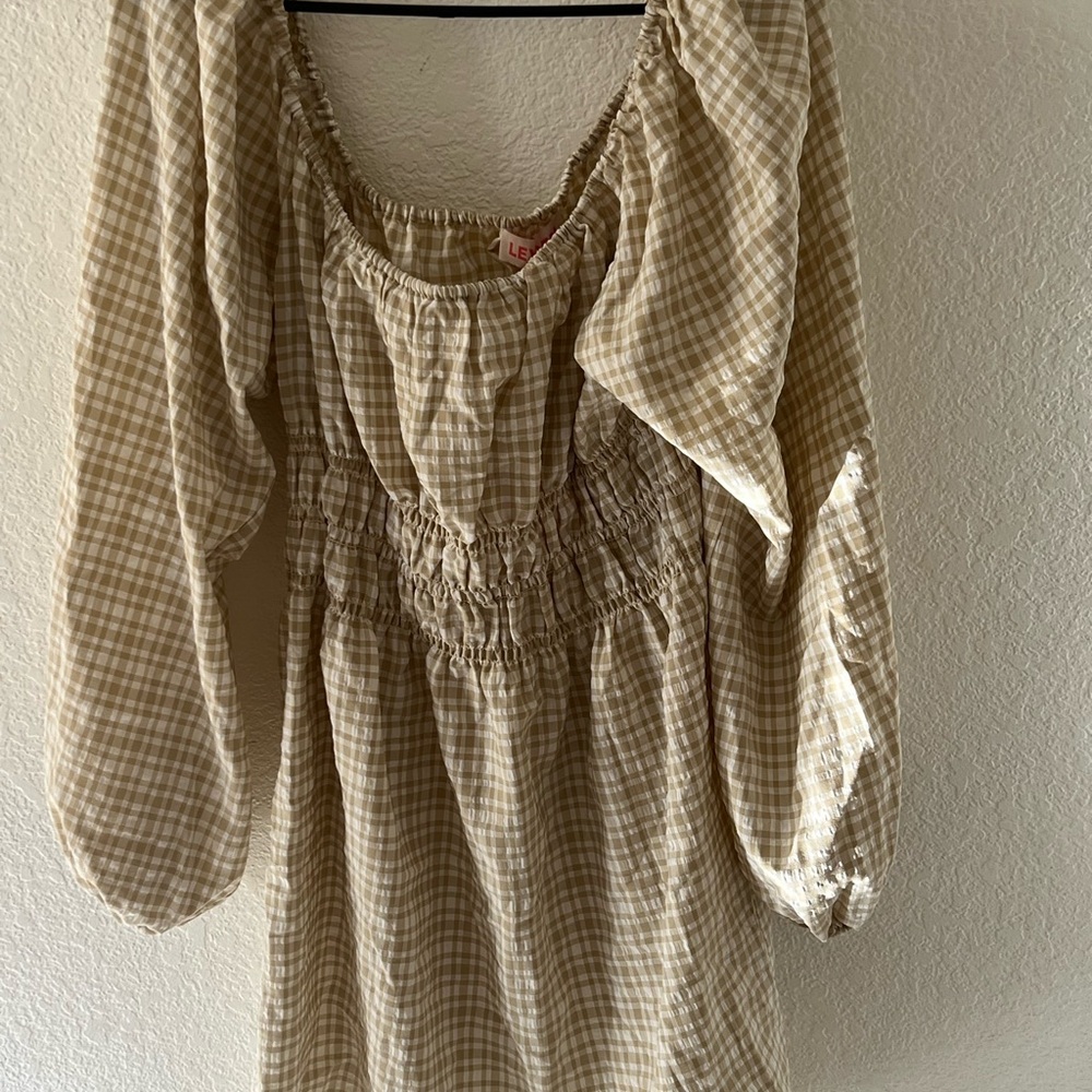Leyden cream white Gingham Smocked Mini long sleeve Dress women’s XL - Picture 7 of 11
